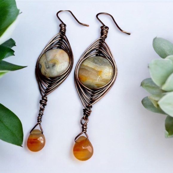 Carnelian And Crazy Lace Agate Copper Wire Wrap Artisan Earrings - Picture 1 of 11